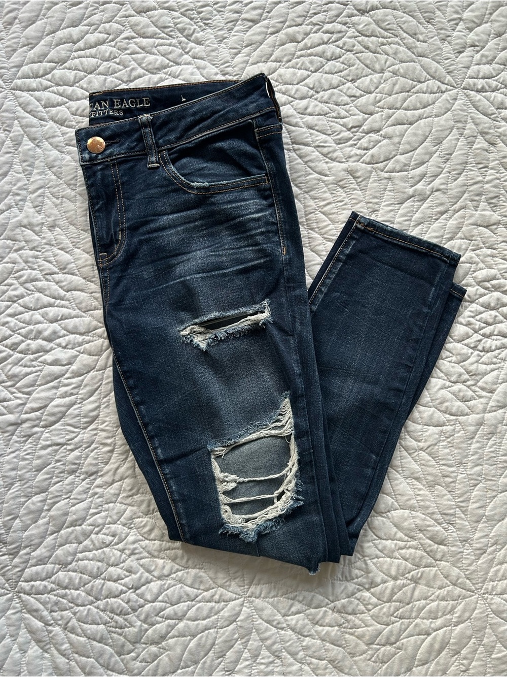 American Eagle Dark Wash Ripped Jeans Size 12 Super Low Jeggings
